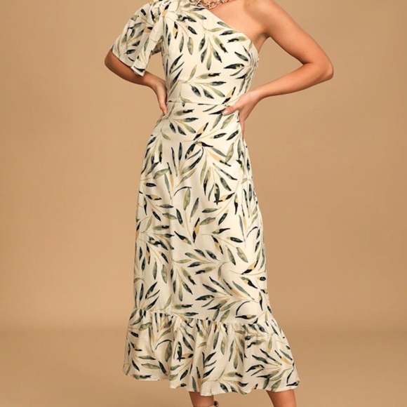 Truly Tropic Cream Leaf Print One-Shoulder Midi Dress, Lulus XS - Picture 1 of 16